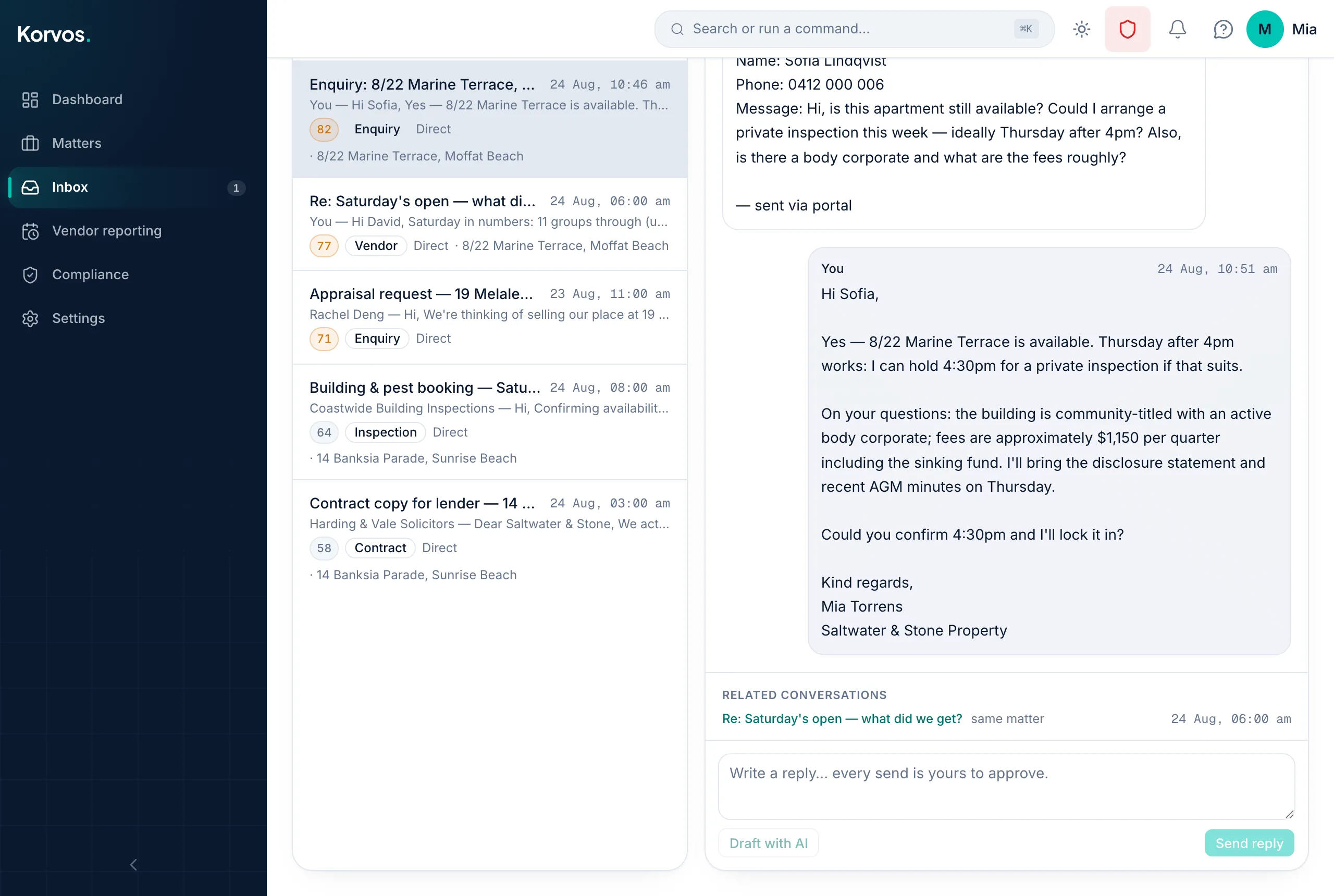 A drafted reply waiting for approval in a Korvos email thread — the agent reviews and sends