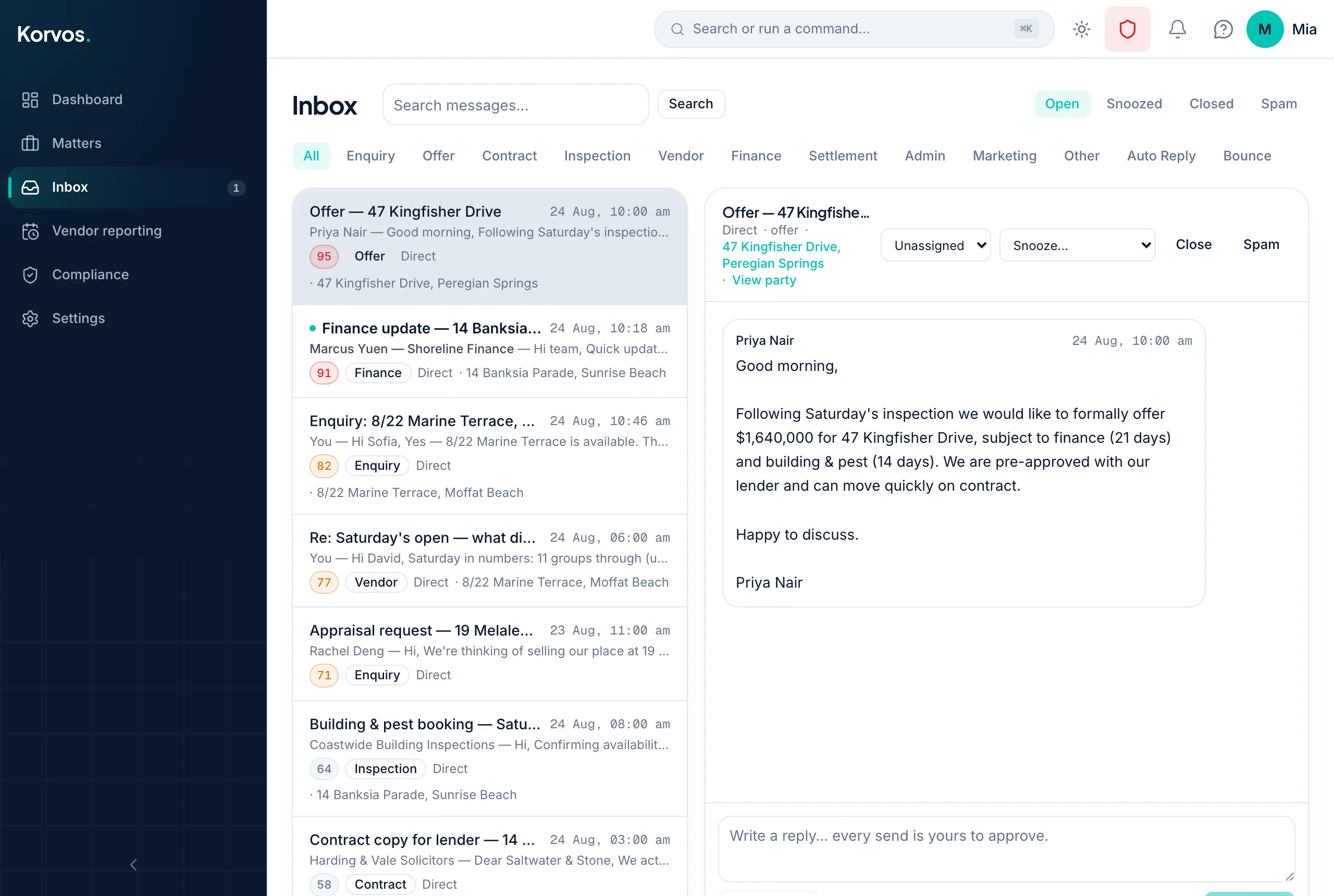 The Korvos inbox triaging agency email: an offer, a finance update and a portal enquiry sorted by category and priority, each linked to its property file