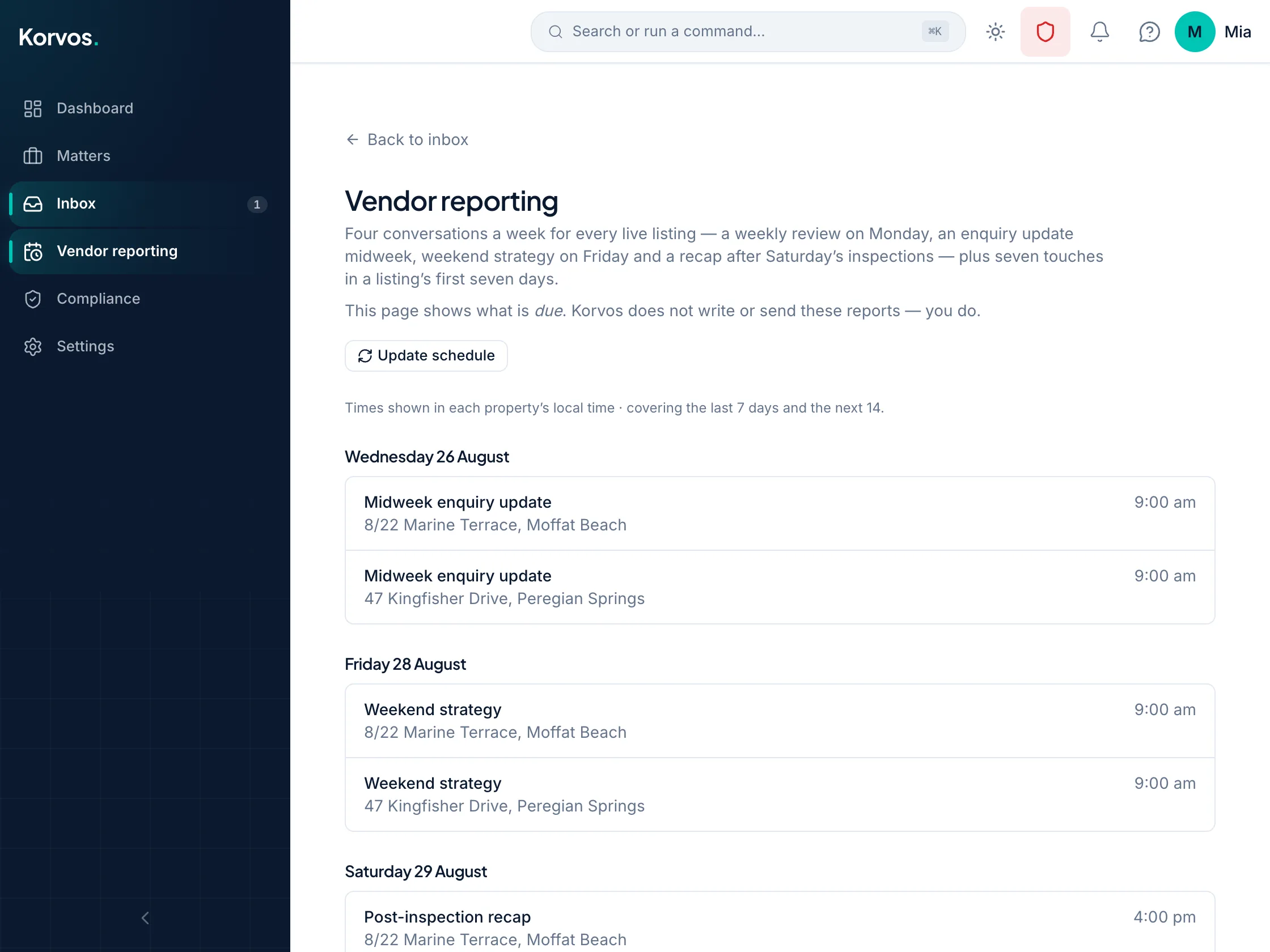 Korvos vendor reporting: a schedule of vendor touchpoints built from live campaign activity