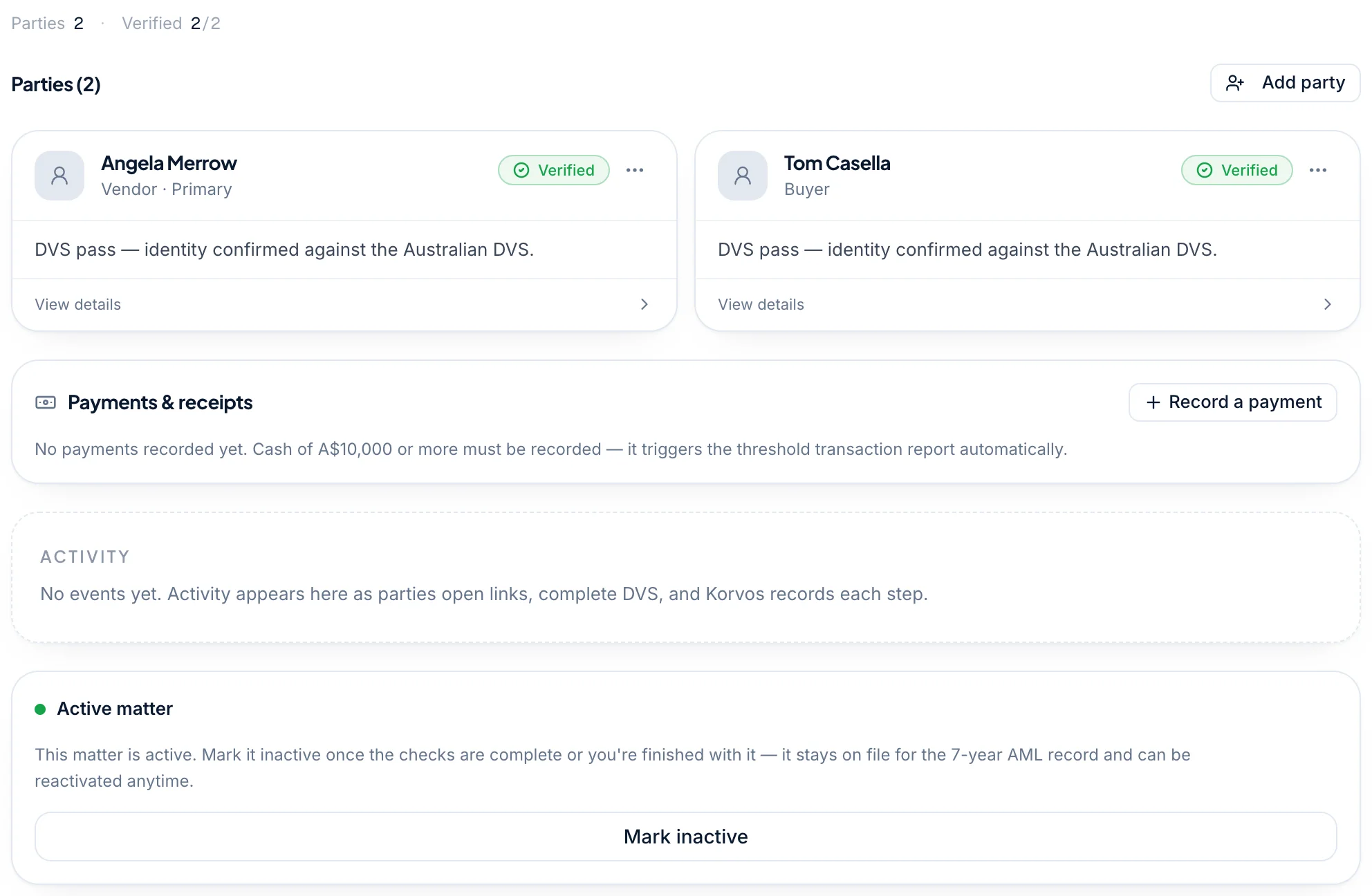 A Korvos matter file's parties panel: vendor and buyer both showing verified identity checks