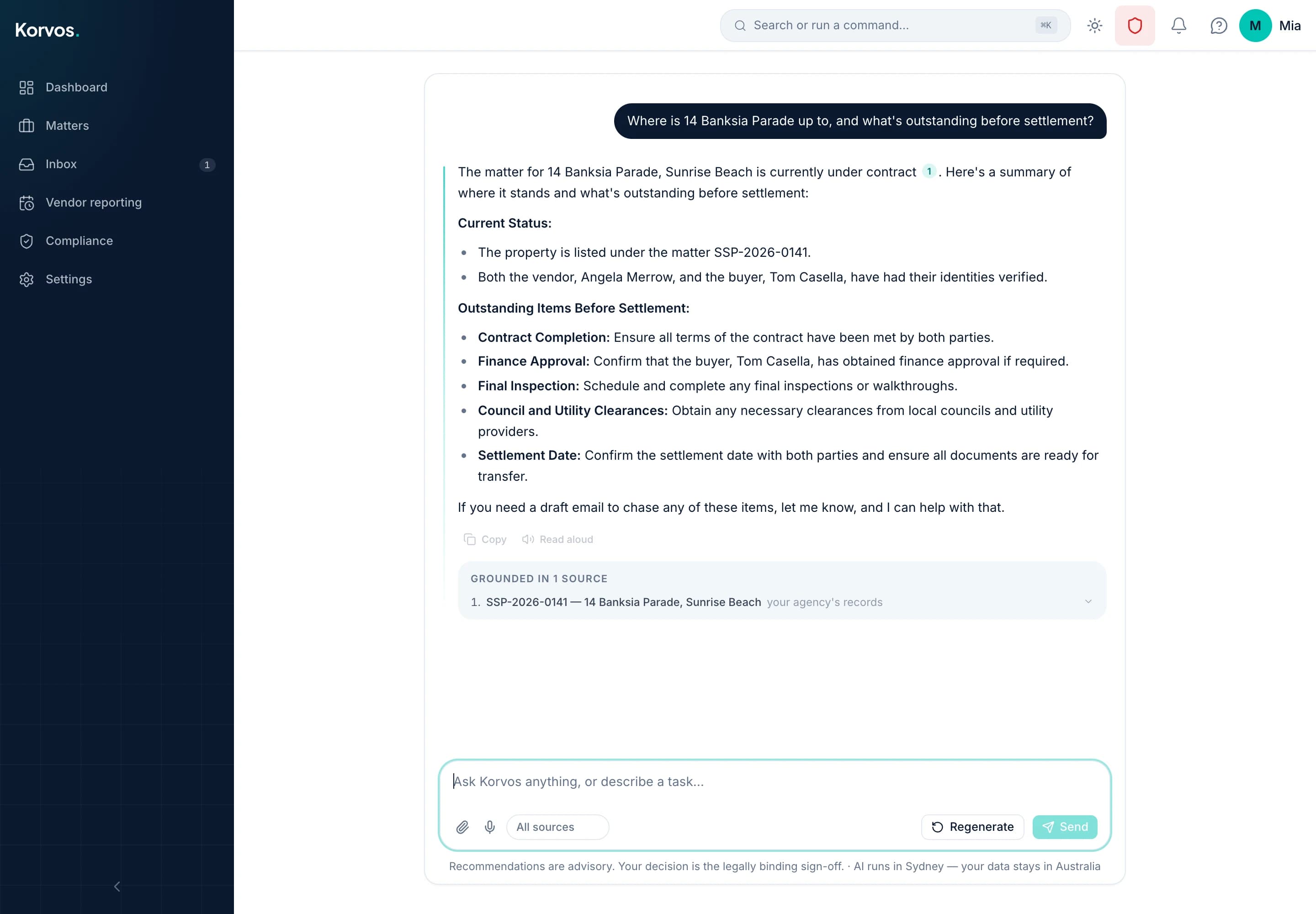 Ask Korvos answering a question about a matter, grounded in the agency's own records with the source shown